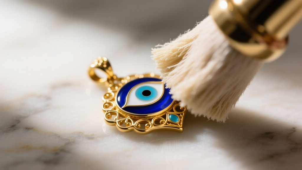 Microfiber cloth polishing a vintage gold-plated evil eye pendant, removing tarnish to reveal the vibrant blue enamel underneath.