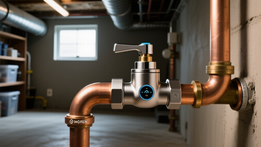 Moen Flo Smart Water Shutoff valve installed on a copper main water line in a dimly lit residential basement utility room