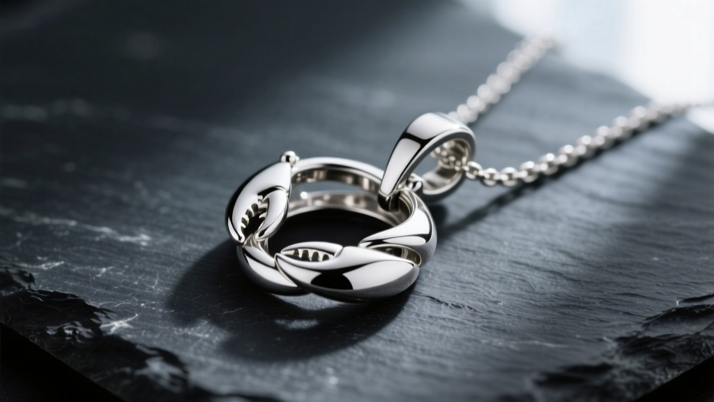 Macro shot of a sterling silver interlocking pendant on dark slate, showing a high polish finish and secure lobster clasp detail.