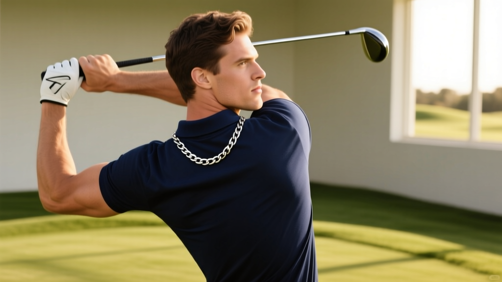 Male golfer mid-backswing wearing a 16-inch titanium chain necklace resting perfectly above the collar of his navy polo shirt