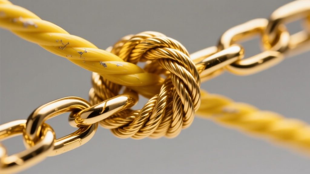 Macro shot of a tangled 1.0mm cable chain and 1.5mm rope chain in yellow gold, highlighting friction points causing the knot.