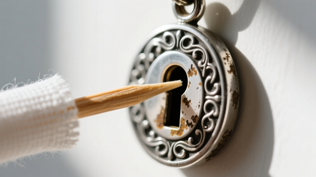 Wooden toothpick wrapped in a microfiber cloth carefully cleaning the intricate keyhole of an oxidized vintage silver lock pendant