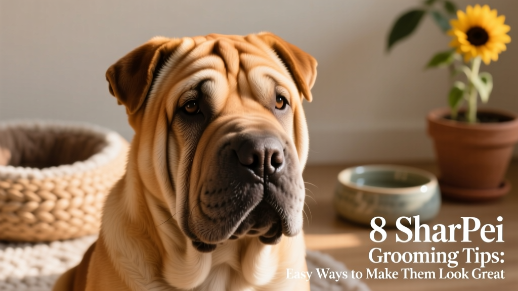 Close-up of a calm Shar Pei showing clean, well-maintained facial wrinkles