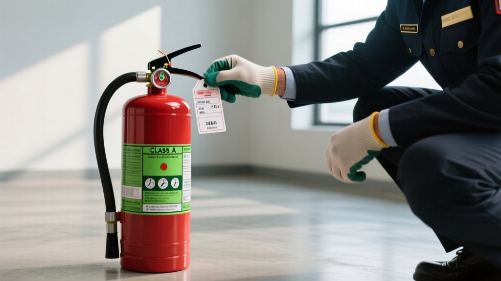 Facility manager inspecting the pressure gauge and inspection tag on a Class A fire extinguisher