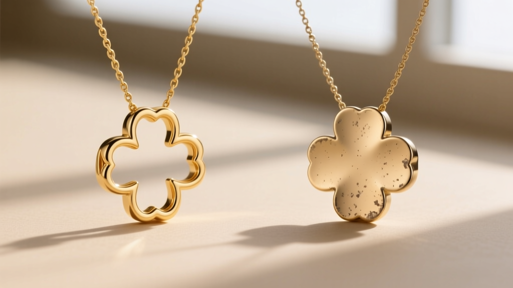 Side-by-side view of an 18k gold open clover necklace and a plated brass alternative highlighting differences in edge finishing.