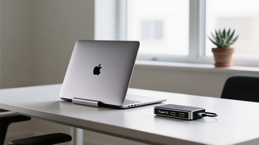 Minimalist desk featuring a closed 16-inch MacBook Pro resting vertically in an aluminum stand next to a compact Thunderbolt 5 dock