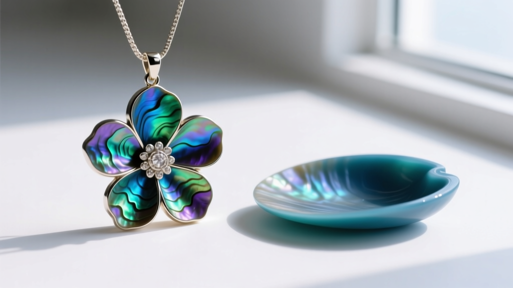Macro photography comparing a genuine iridescent paua shell flower pendant next to a dull, artificially dyed resin imitation.