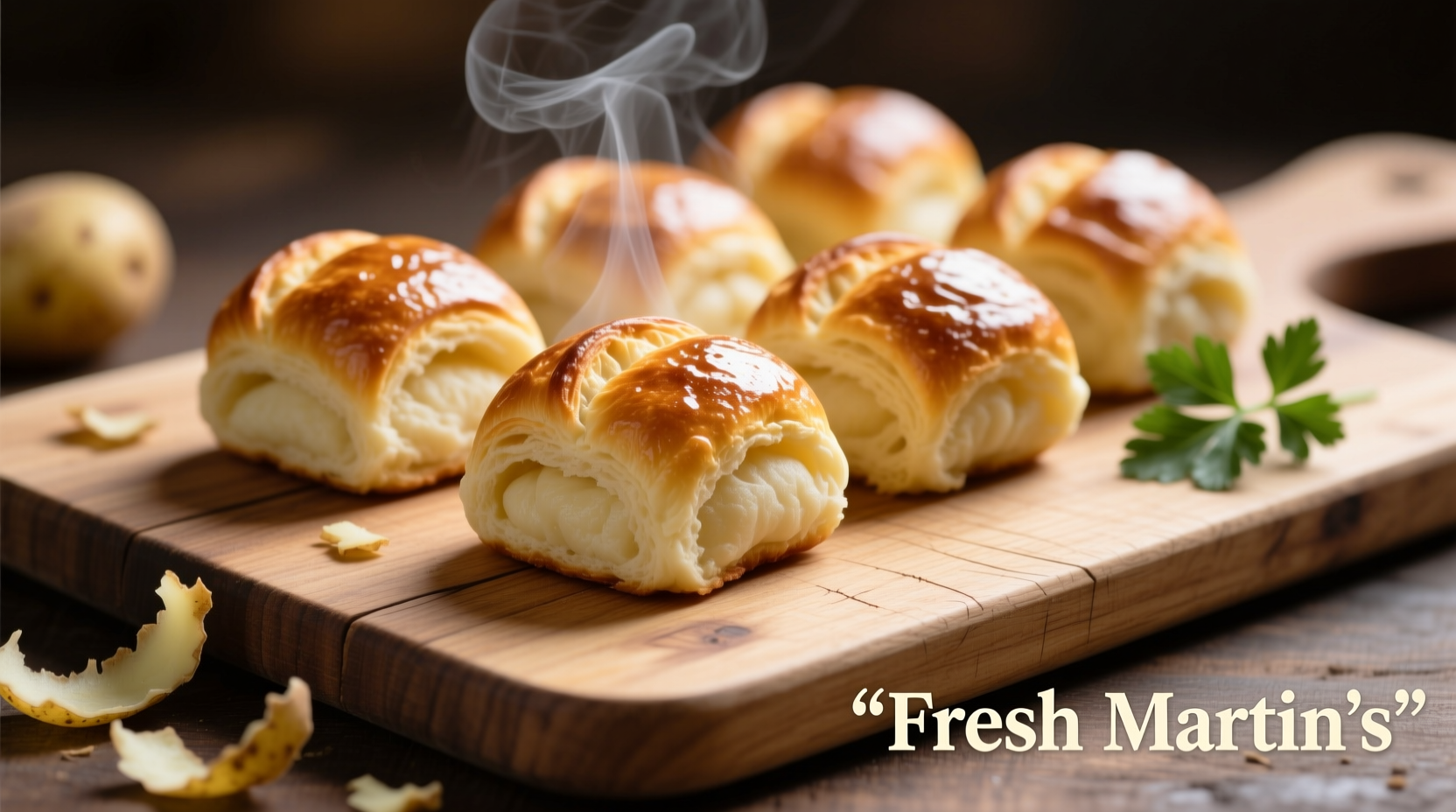 Fresh Martin's potato rolls on a wooden cutting board