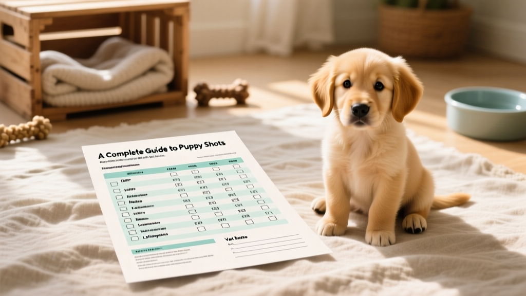 Printable puppy vaccination tracker sheet with checkboxes, dates, and vaccine names