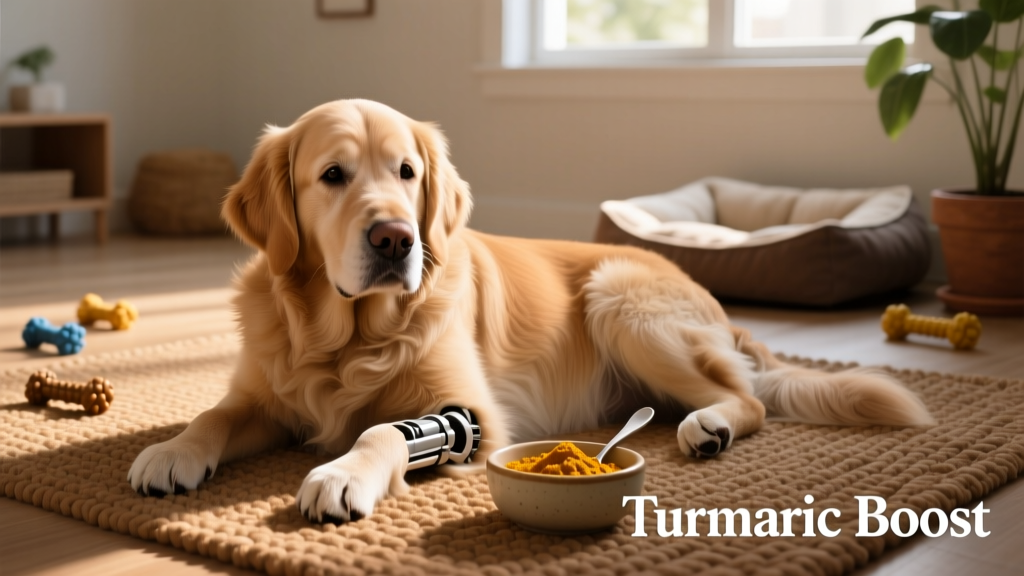 A calm senior dog resting comfortably on a rug, suggesting improved mobility and joint comfort