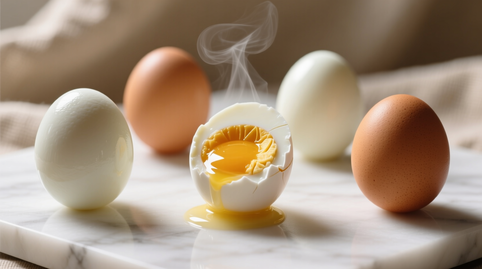 Perfectly cooked boiled eggs in various stages