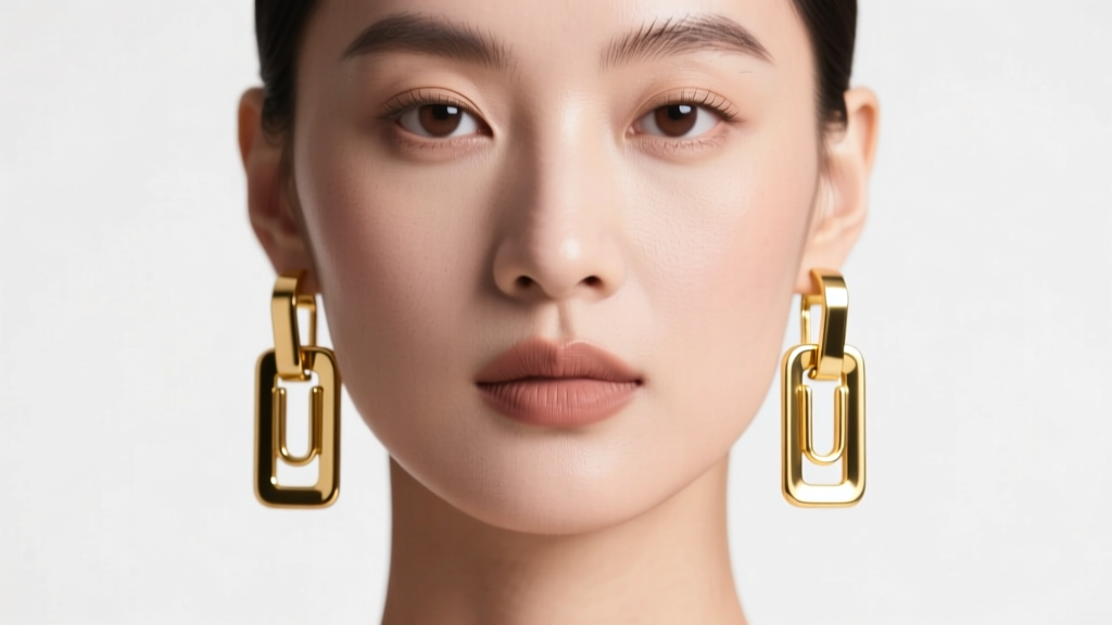 Close-up of a model wearing 18k solid gold paper clip drop earrings, soft studio lighting on interlocking rectangular links