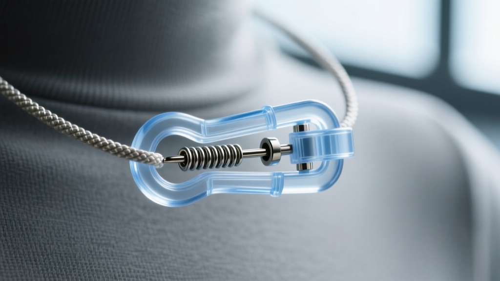 Detailed view of a plastic breakaway safety clasp on a sensory necklace cord showing the internal release mechanism under tension.