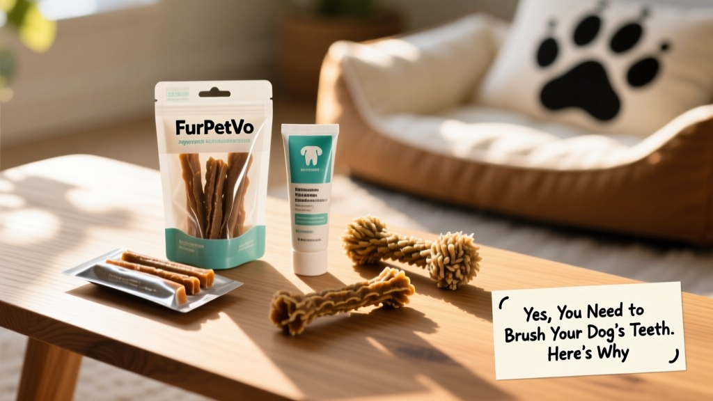 Assortment of FurPetVo-approved dental chews, toothpaste, and chew toys arranged neatly on a clean surface