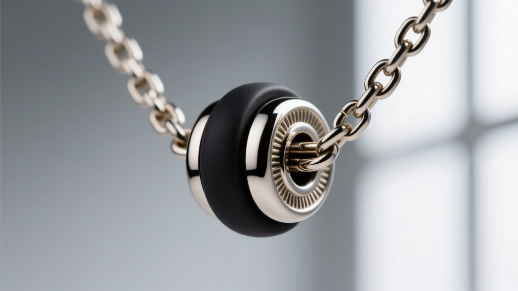 Macro photography of a silicone-lined metal slider bead on a Y-chain necklace, showing the internal friction grip mechanism.