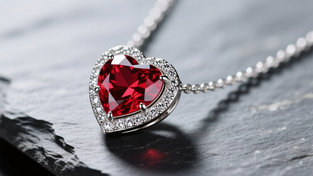 Macro shot of a platinum ruby and diamond heart necklace on slate, showing the pavé halo and vivid red center stone.