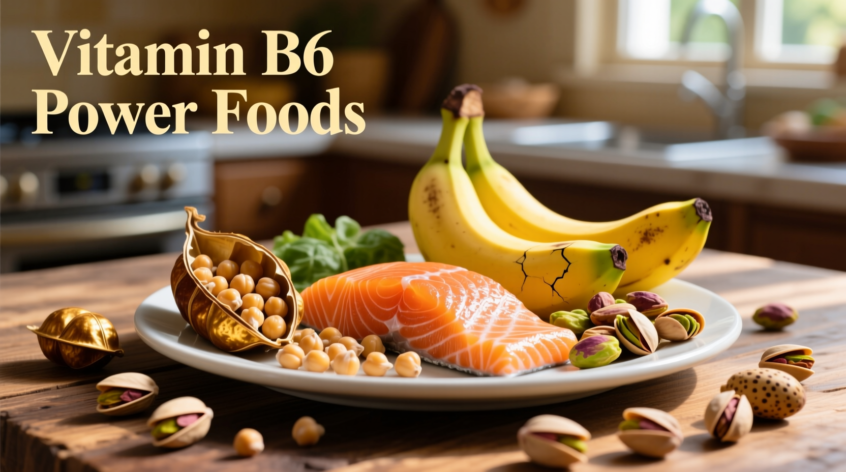 Colorful plate of vitamin B6 rich foods including chickpeas, salmon, bananas and pistachios