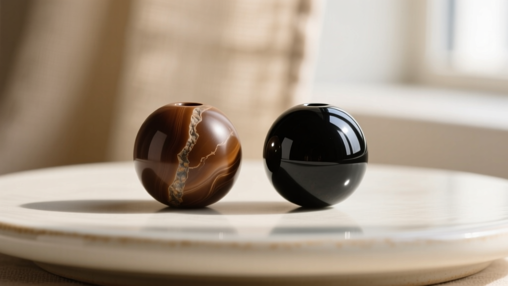 Macro photo showing the matte brown streak of real jet on unglazed porcelain next to a glossy black glass French jet bead.