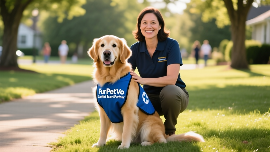 A friendly, well-groomed dog sitting attentively beside its handler, wearing a blue vest labeled 'FurPetVo Certified Scent Partner'