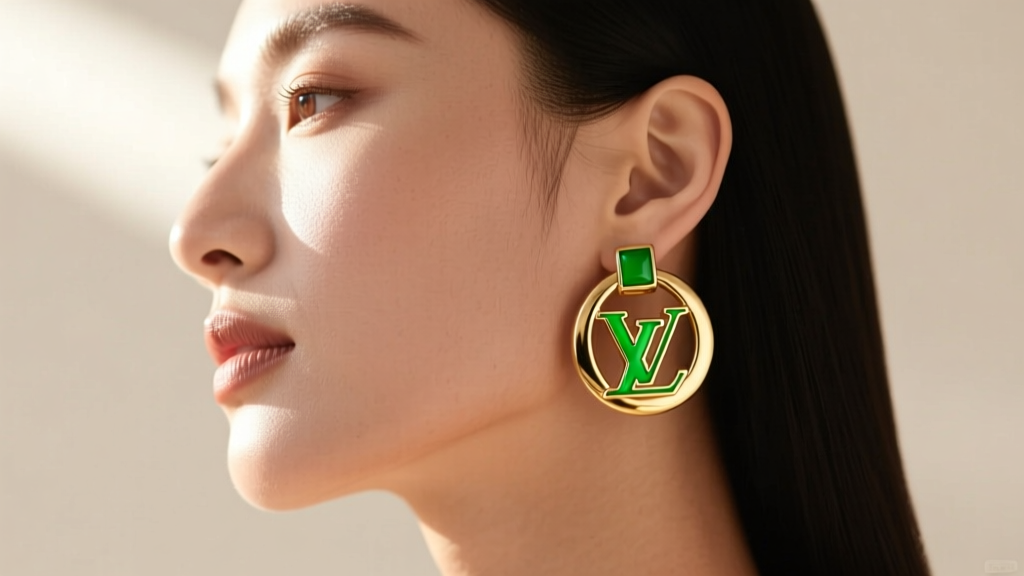 Profile of woman wearing medium LV enamel hoops, sunlight highlighting the gold-plated edges and vibrant green resin inlay accents