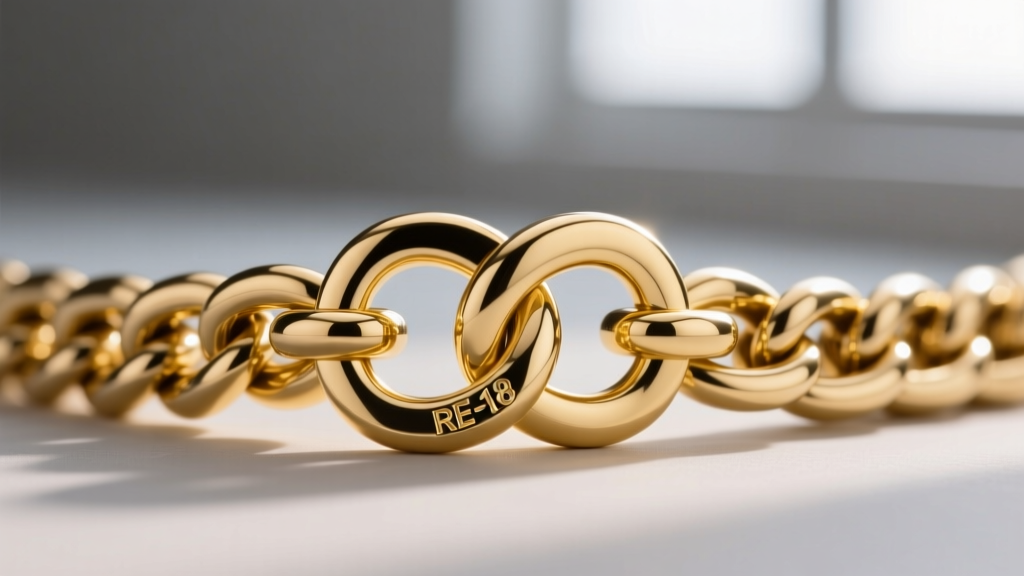 Extreme macro photography of a 14k yellow gold RE 8 dual-hole figure-8 safety clasp mechanism on a heavy Cuban link chain