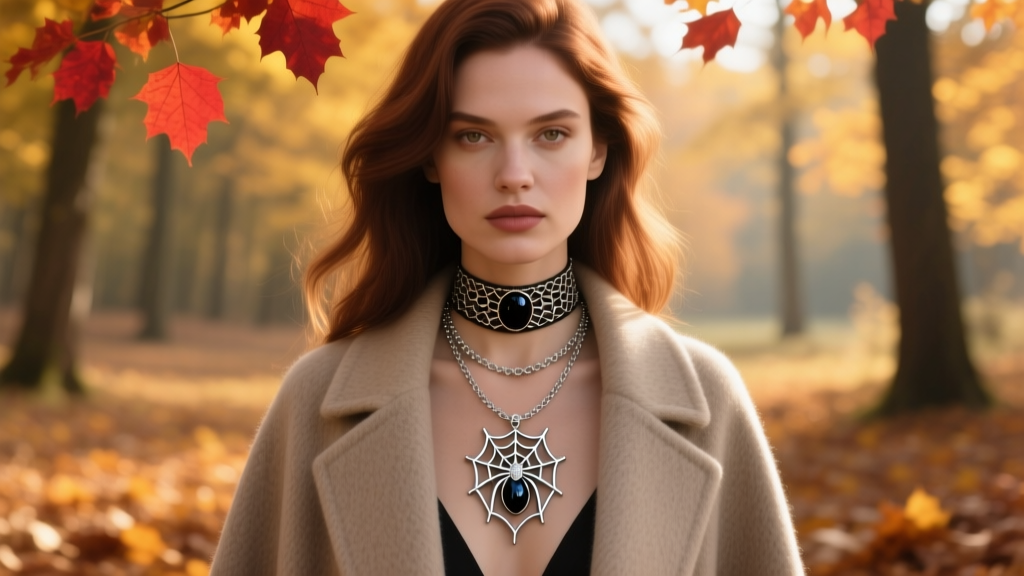 Woman wearing a layered halloween charm necklace with a 16-inch onyx choker and 18-inch silver spiderweb pendant in autumn light