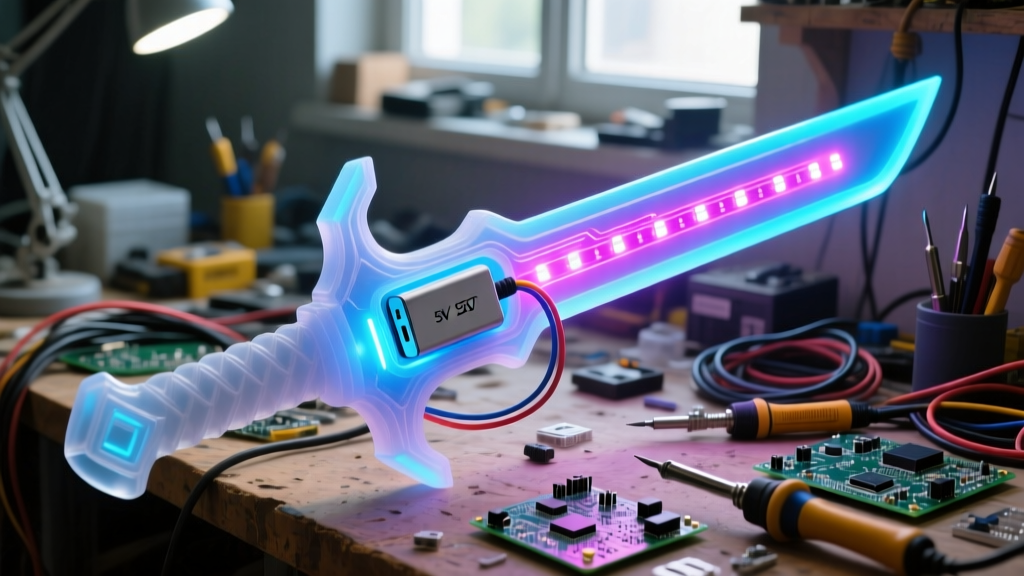 WS2812B addressable LED strip wired to a 5V USB power bank inside a translucent 3D-printed cosplay sword hilt on a cluttered workbench