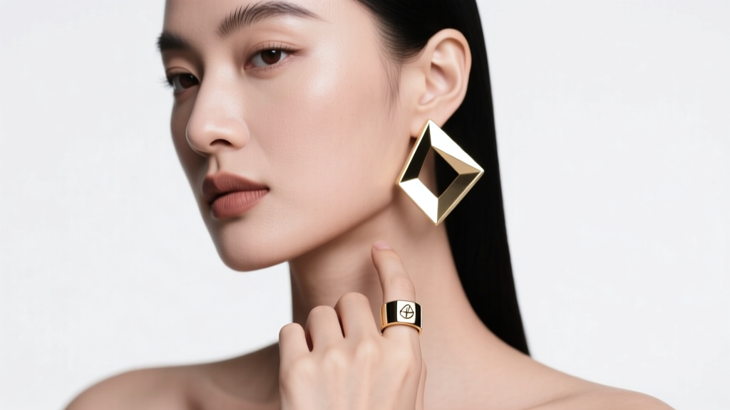 Woman wearing a bold 14k white gold geometric ear cuff and a matching thick 4mm signet ring on her index finger, studio lighting.