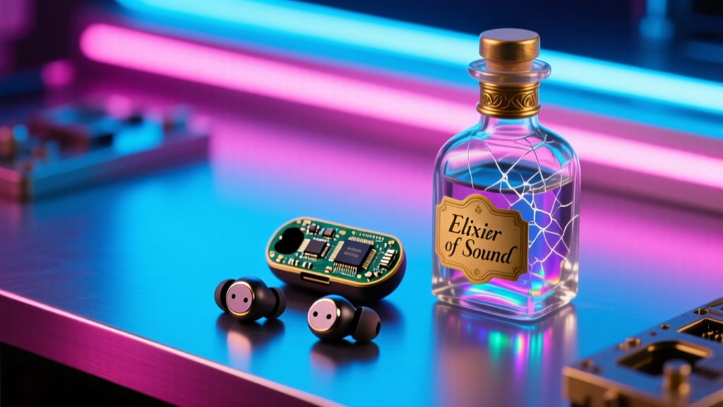 A neon-lit workbench displaying disassembled true wireless earbuds next to a vintage movie prop potion bottle, highlighting modern audio engineering.