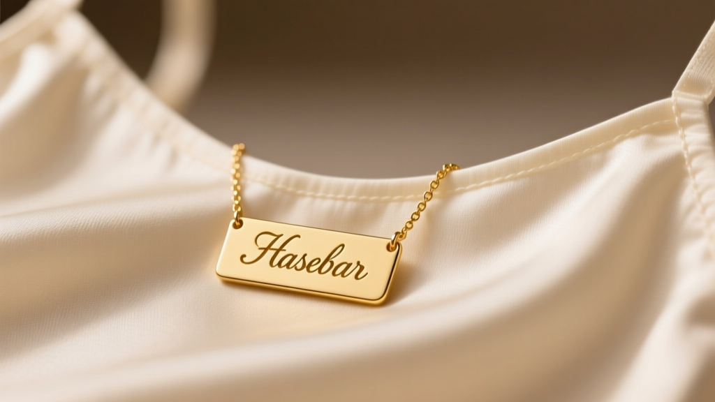 Close-up of a 14k gold nameplate necklace in cursive script, resting on a silk camisole under soft, warm studio lighting.