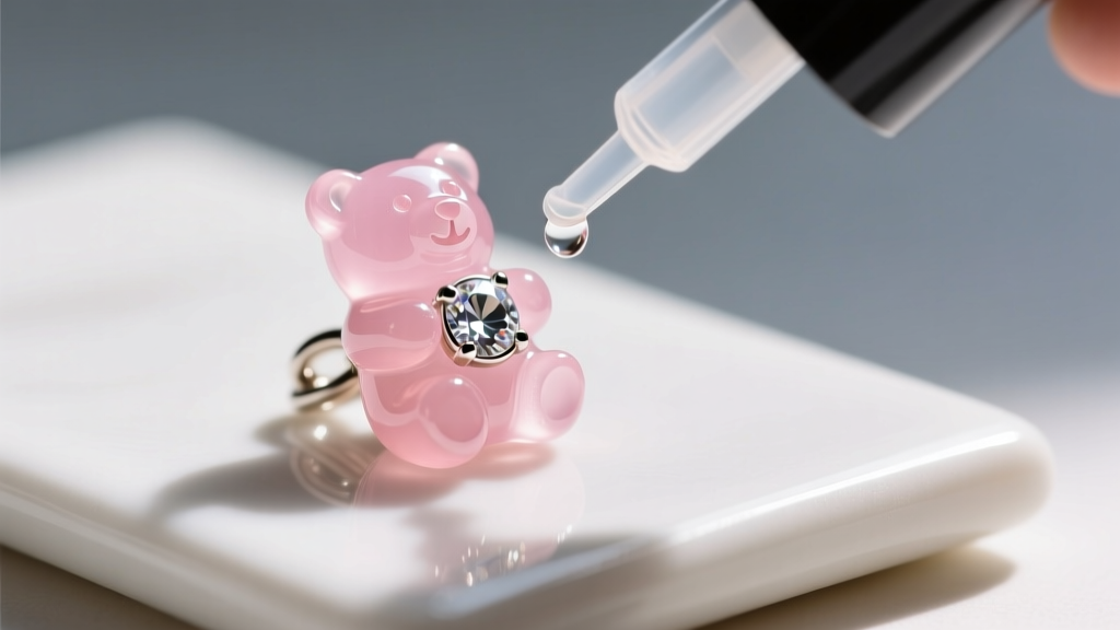Macro shot of a precision applicator applying cement to a missing rhinestone setting on a resin gummy bear charm under bright light