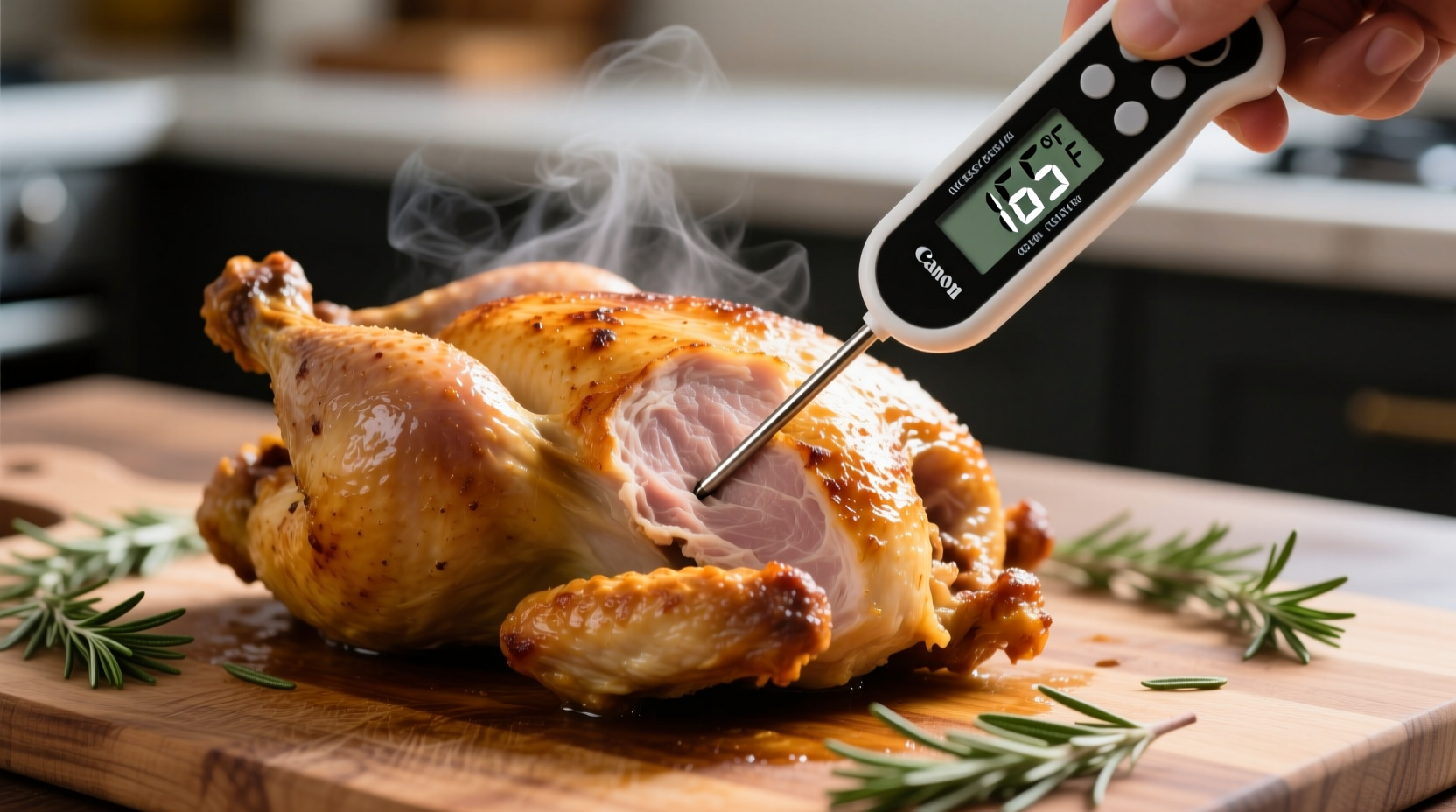 Checking chicken internal temperature with digital thermometer