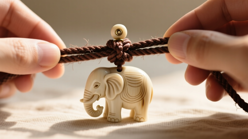 Hands tying a sliding knot on a thick waxed cotton cord threaded through the top bail of a carved bone elephant pendant