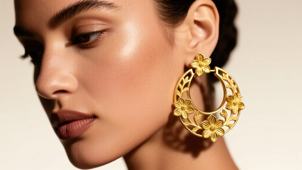 Close-up of a model wearing 14k gold huggies with micro-floral Persian Ghalamzani engravings under soft warm studio lighting.