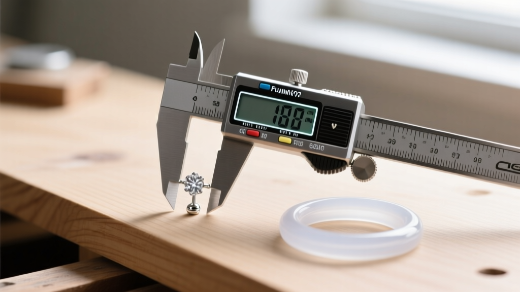 Digital calipers measuring the gauge of a platinum earring post beside clear silicone safety O-rings on a wooden workbench.