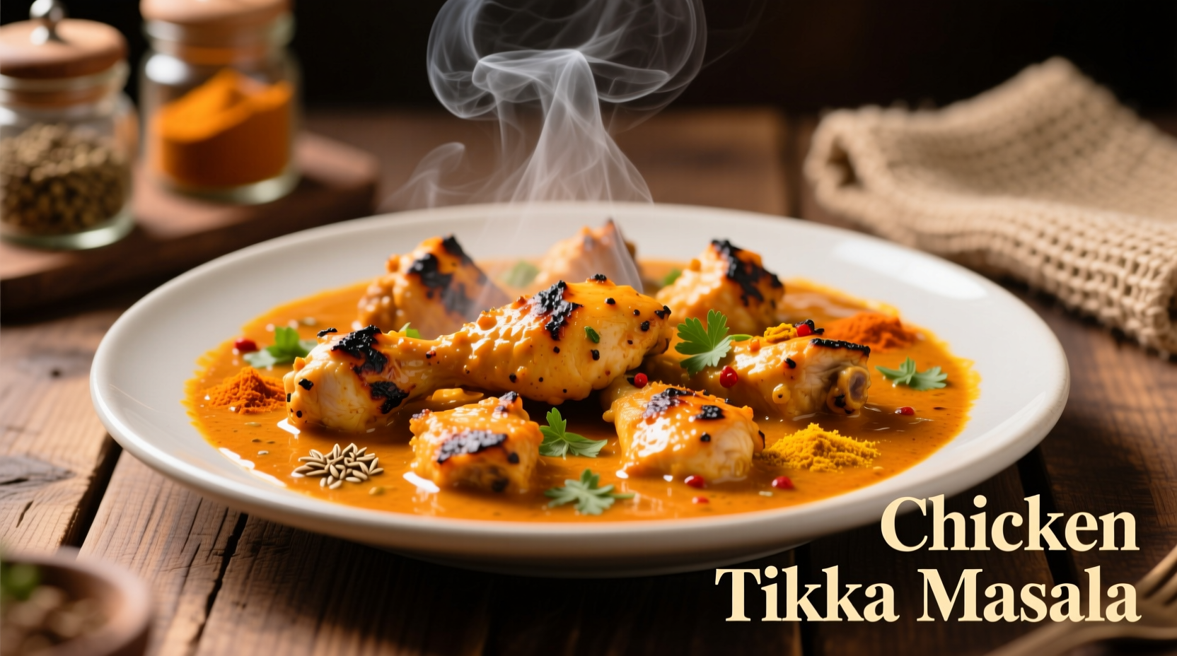 Steaming plate of chicken tikka masala with visible spice flecks