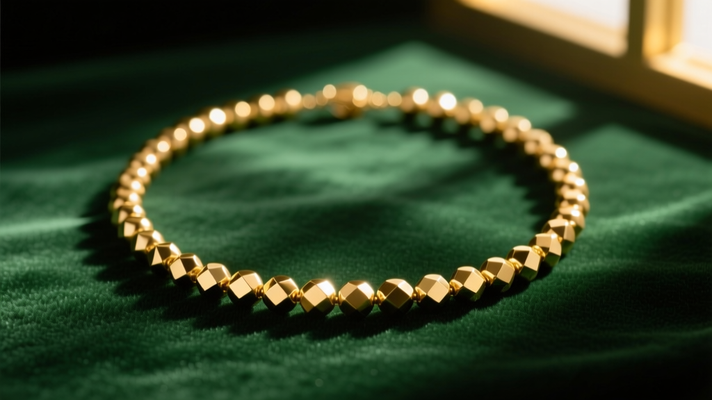 Elegant flat lay of a 14k antique gold beads necklace resting on dark green velvet, illuminated by warm directional lighting.