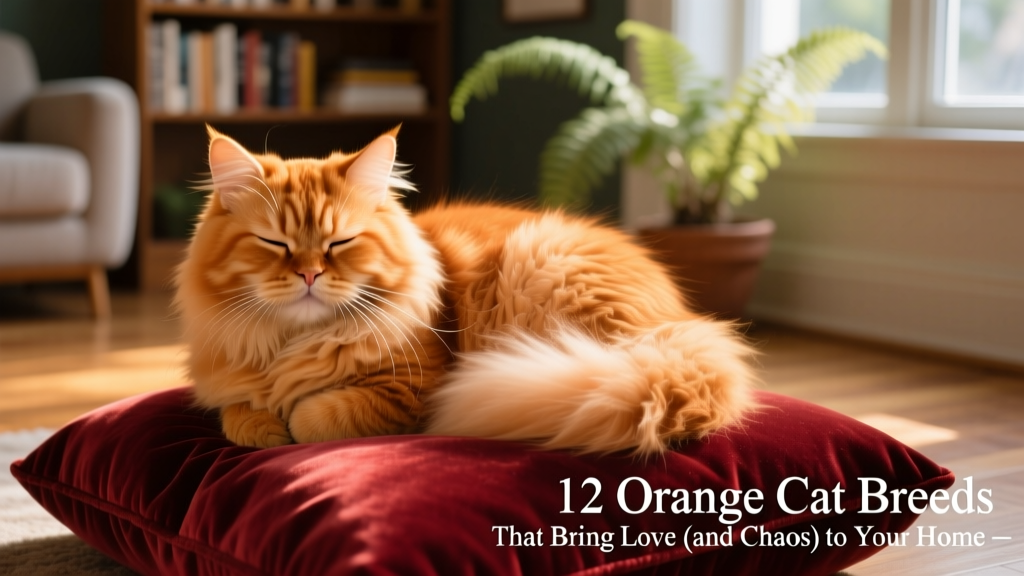 An orange Persian cat curled up on a velvet cushion, eyes half-closed in contented repose