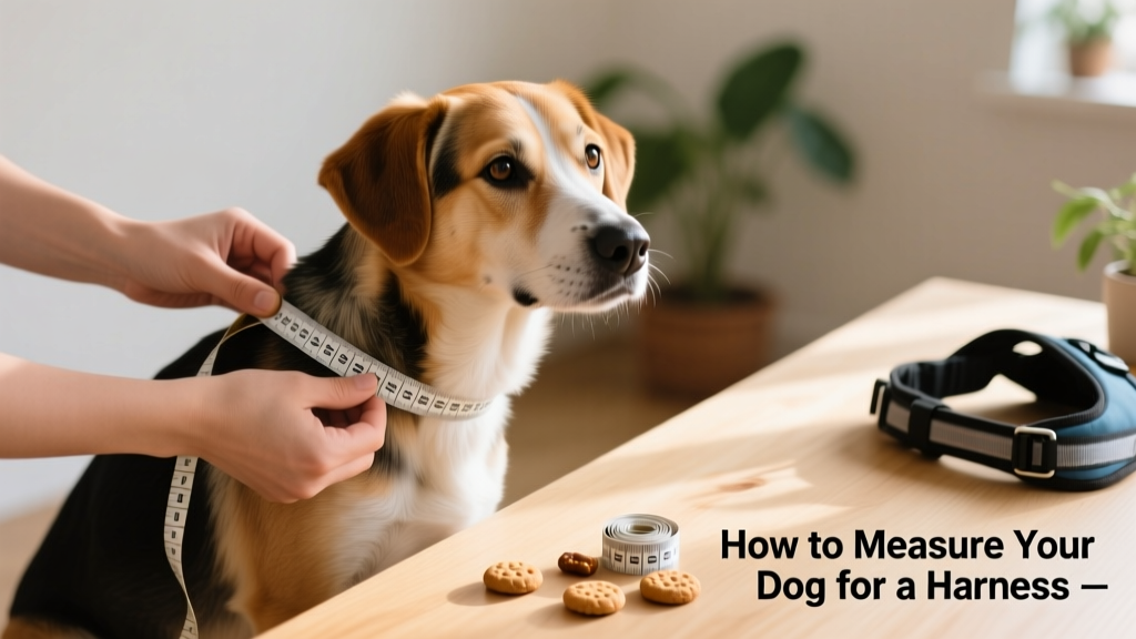 Close-up of hands using a soft tape measure around a dog's chest, with treats visible nearby