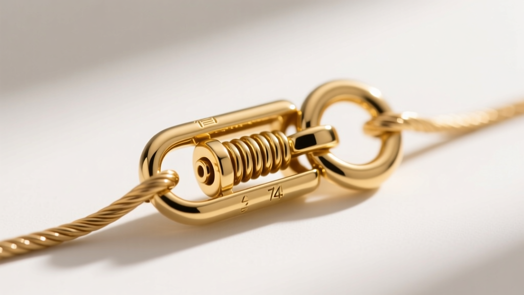 Macro shot of a 7mm 14k solid gold lobster clasp on a 2mm cable chain, highlighting the spring mechanism and soldered jump ring.