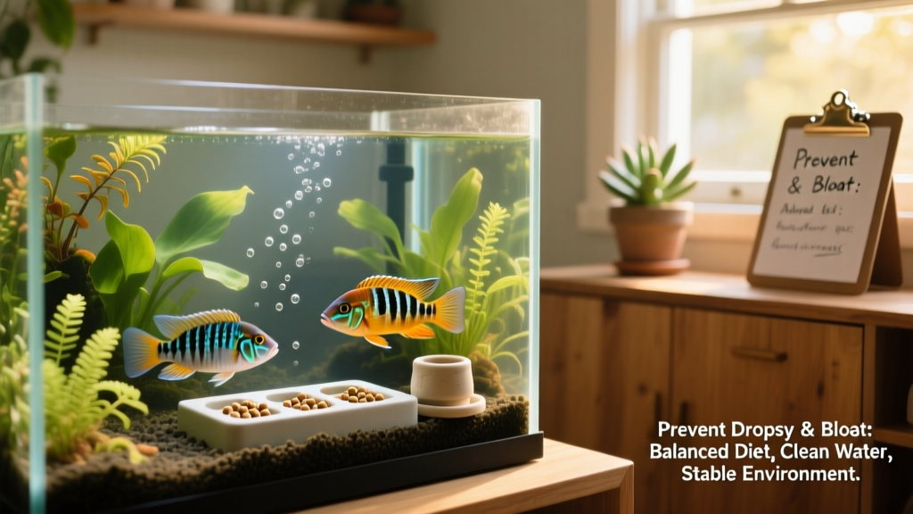 Aquarium setup with clear water, live plants, and balanced feeding station—illustrating ideal prevention environment