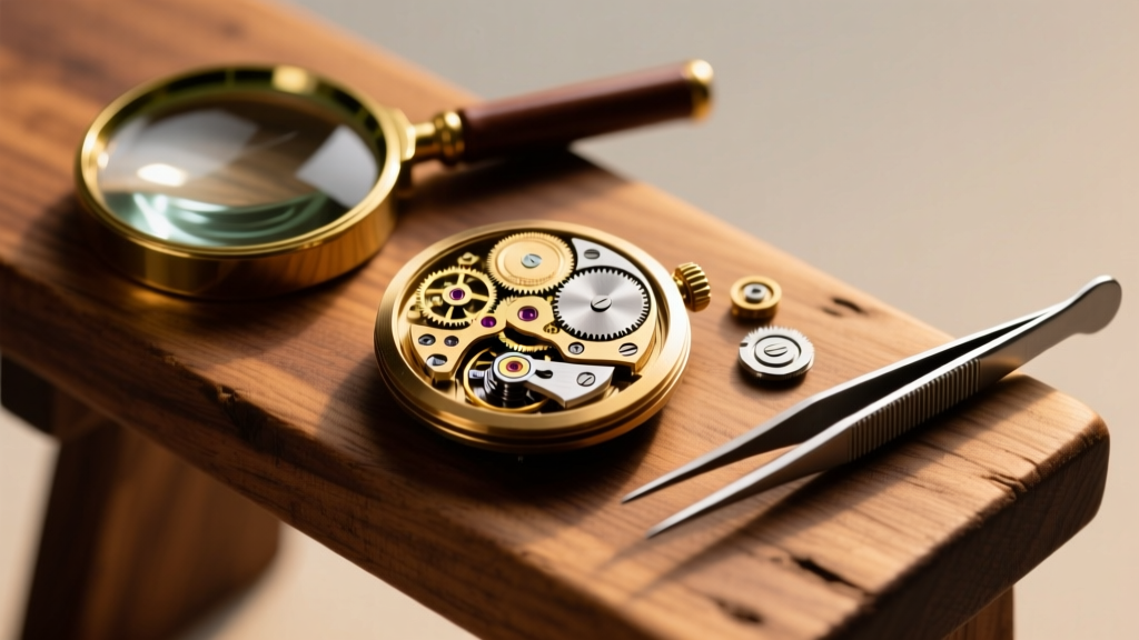 Macro shot of a disassembled watch movement beside a loupe and tweezers on a wooden bench under warm, focused studio lighting.