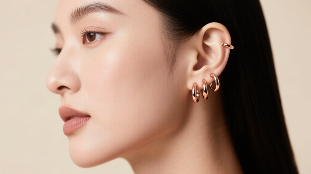 Side profile of a woman showcasing a curated ear stack with three 9mm rose gold hoops placed in the helix, rook, and lobe