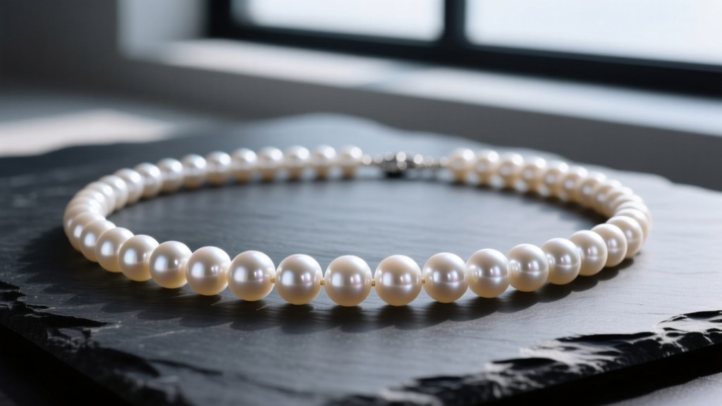 Close-up of an 18-inch Akoya pearl necklace on dark slate, showing sharp mirror-like luster and pristine round shapes