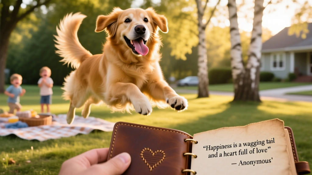 A joyful Golden Retriever mid-leap in a sunlit park, tongue out and tail wagging