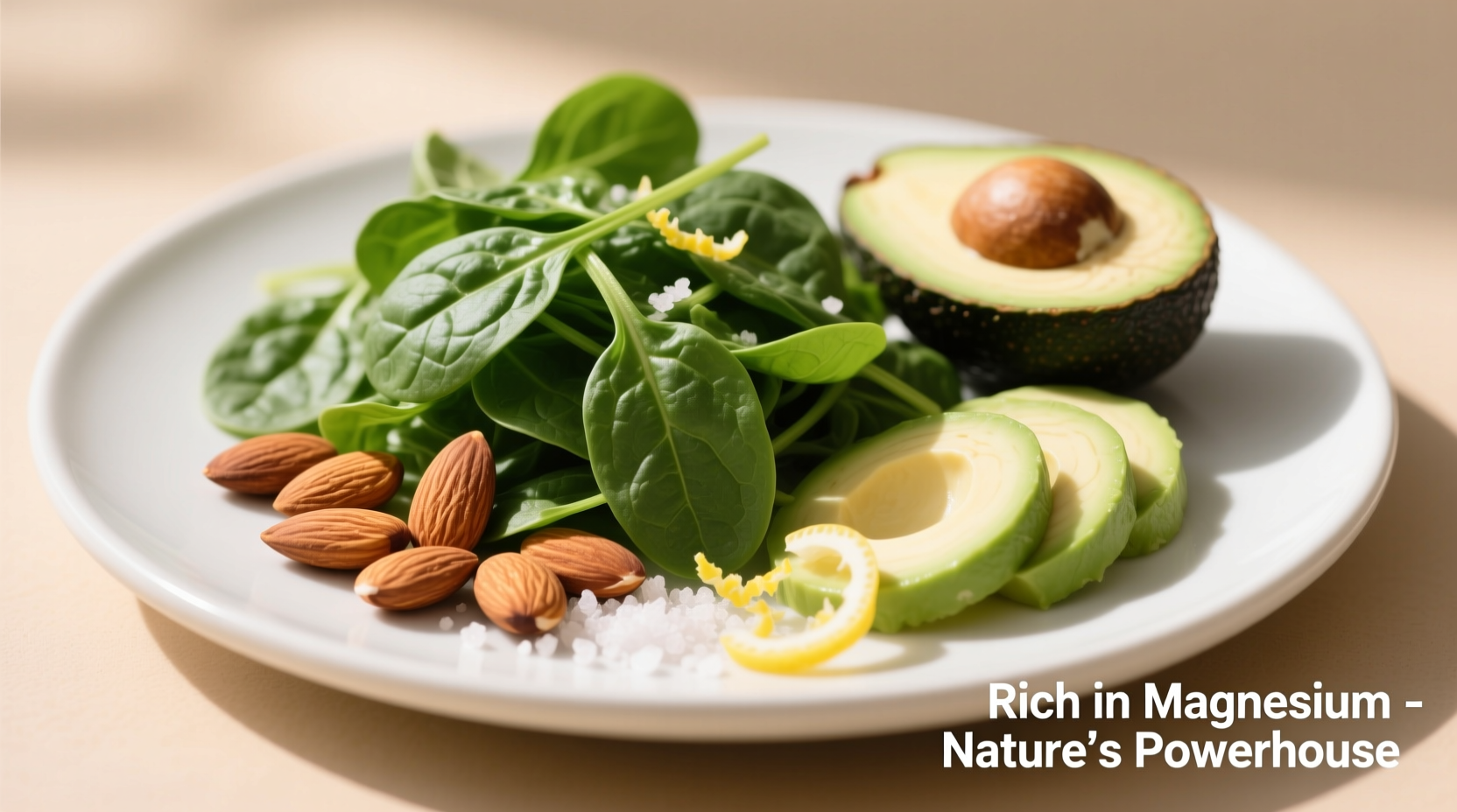 Colorful plate of magnesium-rich foods including spinach, almonds, and avocado
