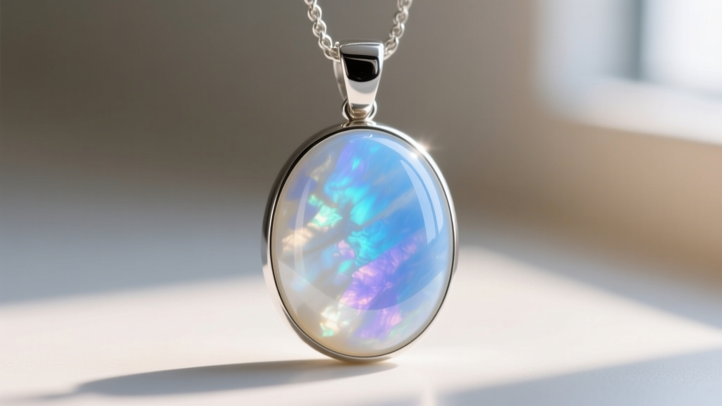 Close-up of an opalite stone necklace pendant in a silver bezel, showing milky blue iridescence and a smooth, glass-like surface.