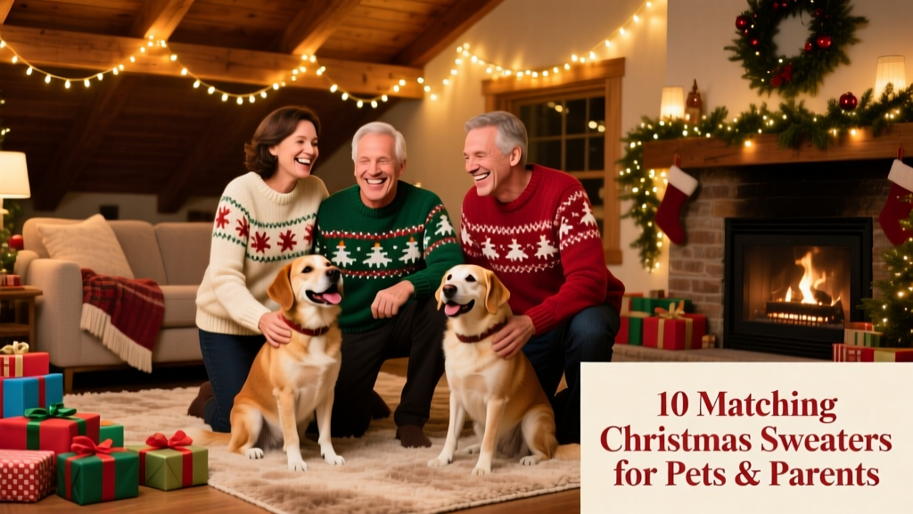 A group photo of three people and two dogs wearing coordinated holiday sweaters at a festive indoor party with string lights and wrapped gifts
