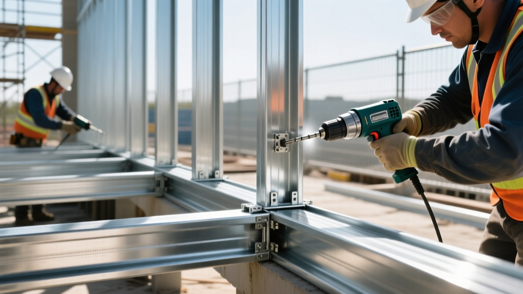 Commercial construction site featuring galvanized cold-formed steel structural studs and tracks being assembled with pneumatic screw guns