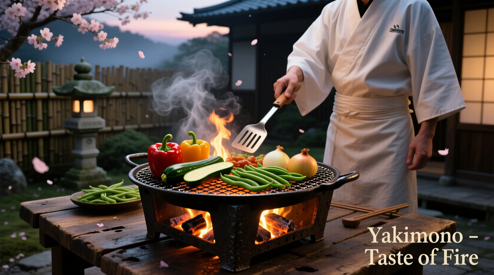 Traditional Japanese hibachi grill with vegetables